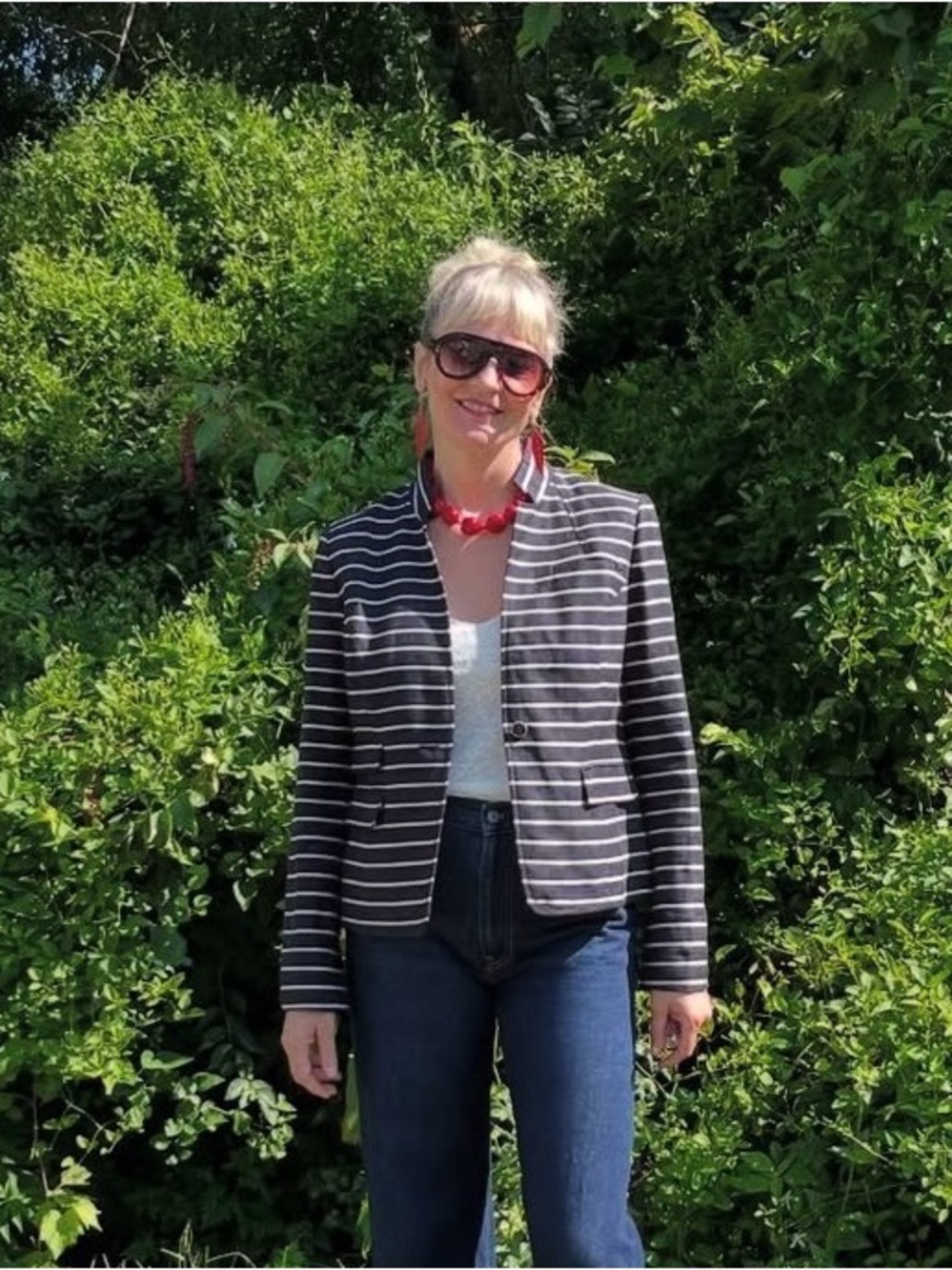Banana Republic Navy & Cream Striped Open-Front Blazer